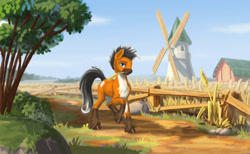 Size: 2500x1535 | Tagged: safe, artist:kirillk, imported from derpibooru, oc, oc only, earth pony, pony, cottagecore, earth pony oc, farm, fence, grass, solo, straw in mouth, tree, unshorn fetlocks, windmill