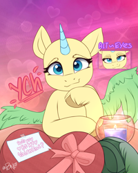 Size: 1770x2208 | Tagged: safe, artist:rivin177, imported from derpibooru, oc, oc:anon, alicorn, earth pony, pegasus, pony, unicorn, bowtie, candle, chocolate, commission, eyes closed, food, holiday, hooves up, horn, massage, present, simple background, sketch, smiling, table, template, valentine, valentine's day, wings, ych example, your character here