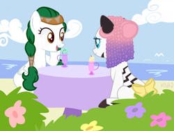 Size: 1920x1440 | Tagged: safe, artist:jelisicli, imported from derpibooru, oc, oc only, oc:olivia leaf, oc:zuri sambo, pegasus, pony, zebra, beach, bow, bush, commission, duo, female, flower, food, freckles, ice cream, lesbian, mare, oc x oc, ocean, sand, shipping, table, tablecloth, tail, tail bow, water, ych result, zebra oc