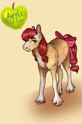 Size: 480x721 | Tagged: safe, artist:princessglitzy, imported from derpibooru, apple bloom, earth pony, pony, bow, female, filly, foal, simple background, solo, tail, tail bow, unshorn fetlocks