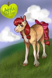 Size: 480x721 | Tagged: safe, artist:princessglitzy, imported from derpibooru, apple bloom, earth pony, pony, bow, female, filly, foal, solo, tail, tail bow, unshorn fetlocks