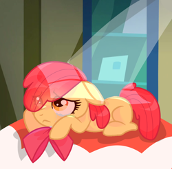 Size: 2164x2126 | Tagged: safe, artist:4932488340, imported from derpibooru, apple bloom, earth pony, pony, apple bloom's bow, bow, female, filly, foal, hair bow, lying down, prone, sad, solo