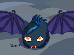 Size: 2048x1536 | Tagged: safe, artist:the crystal artist, derpibooru exclusive, imported from derpibooru, oc, oc only, bat pony, pony, bat pony oc, bat wings, behaving like a cat, concerned, confused, crouching, dialogue, fangs, floppy ears, growling, lineless, looking at you, looking up, looking up at you, male, open mouth, rock, solo, spiky hair, spread wings, stallion, text, wings