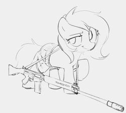 Size: 850x762 | Tagged: safe, artist:dotkwa, imported from twibooru, oc, oc:filly anon, pony, camouflage, clothes, female, filly, fn fal, gun, image, monochrome, png, rhodesia, solo, weapon