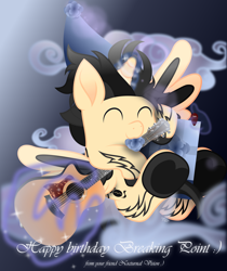 Size: 3014x3590 | Tagged: safe, artist:lincolnbrewsterfan, imported from derpibooru, oc, oc only, oc:breaking point, alicorn, pony, .svg available, :3, acoustic guitar, adorable face, alicorn oc, birthday, birthday gift, bow, cloud, cloudy, coat markings, colored wings, cute, cute face, cute smile, cuteness overload, eyes closed, fallout equestria oc, flying, frog (hoof), gift art, gift wrapped, glow, gradient background, gradient hair, gradient horn, gradient mane, gradient wings, guitar, guitar pick, happy, happy birthday, hat, holding, hoof hold, hoofy-kicks, hooves up, horn, inkscape, kicking, levitation, lightly watermarked, magic, magic aura, male, male alicorn, male alicorn oc, mouth hold, movie accurate, musical instrument, nc-tv signature, night, night sky, no base, ocbetes, one eye closed, party hat, pick, ponified, present, riding, shiny, signature, simple background, sky, smiley face, solo, special face, spread wings, stallion, stallion oc, style emulation, svg, tail, tattoo, taylor 314ce (guitar), taylor guitar, telekinesis, two toned coat, two toned hair, two toned hooves, two toned mane, two toned tail, two toned wings, underhoof, vector, vivaldi (font), wall of tags, watermark, wings, wink