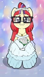 Size: 750x1300 | Tagged: safe, artist:kumakum, imported from ponybooru, moondancer, pony, unicorn, bouquet, clothes, cute, dancerbetes, dress, female, flower, flower in hair, looking at you, mare, marriage, smiling, smiling at you, solo, wedding, wedding dress, wholesome