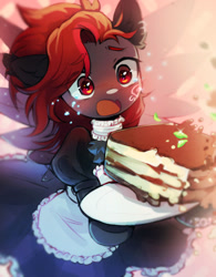 Size: 1280x1642 | Tagged: safe, artist:astralblues, imported from derpibooru, oc, pegasus, pony, blushing, cake, clothes, female, food, maid, mare, open mouth, solo, teary eyes