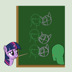 Size: 328x328 | Tagged: safe, artist:truthormare, twilight sparkle, oc, oc:anon, human, pony, aggie.io, blushing, canon x oc, chalkboard, demonstration, diagram, duo, female, human male, lidded eyes, male, mare, show accurate, smiling, teaching