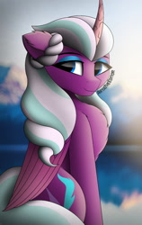 Size: 1200x1900 | Tagged: safe, artist:aryatheeditor, imported from derpibooru, opaline arcana, alicorn, pony, spoiler:g5, beautiful, chest fluff, cutie mark, g5, looking at you, looking back, reformed, sitting, solo