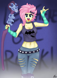 Size: 1280x1761 | Tagged: safe, artist:lennondash, imported from derpibooru, fluttershy, equestria girls, equestria girls series, the road less scheduled, the road less scheduled: fluttershy, spoiler:eqg series (season 2), alternate hairstyle, belt, boots, breasts, choker, cleavage, clothes, devil horn (gesture), evening gloves, eyeshadow, fingerless elbow gloves, fingerless gloves, flutterpunk, gloves, hairpin, jeans, lipstick, long gloves, makeup, midriff, pants, ripped jeans, ripped pants, shoes, short shirt, solo, staff, studded choker, tongue out, torn clothes