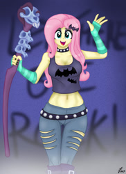 Size: 1280x1761 | Tagged: safe, alternate version, artist:lennondash, imported from derpibooru, fluttershy, equestria girls, equestria girls series, the road less scheduled, the road less scheduled: fluttershy, spoiler:eqg series (season 2), belt, boots, breasts, choker, cleavage, clothes, denim, devil horn (gesture), evening gloves, eyeshadow, fingerless elbow gloves, fingerless gloves, flutterpunk, gloves, hairpin, jeans, long gloves, makeup, midriff, pants, ripped jeans, ripped pants, shoes, short shirt, solo, staff, studded choker, torn clothes