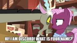 Size: 888x499 | Tagged: safe, edit, edited screencap, imported from derpibooru, screencap, discord, jasmine leaf, draconequus, earth pony, pony, discordant harmony, caption, duo, female, image macro, impact font, male, mare, personal space invasion, text