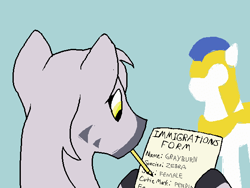 Size: 600x450 | Tagged: artist needed, safe, imported from twibooru, oc, oc only, oc:grayburn, pony, zebra, cyan background, female, hoof hold, image, male, mouth hold, png, ponified, prequel (webcomic), quadrupedal, royal guard, simple background, stallion