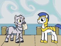 Size: 600x450 | Tagged: artist needed, safe, imported from twibooru, oc, oc:grayburn, pony, zebra, animated, female, gif, image, looking at each other, male, mouth hold, ocean, pier, ponified, prequel (webcomic), quadrupedal, royal guard, stallion