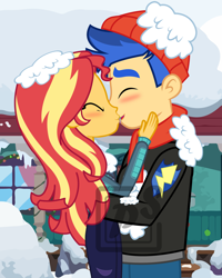 Size: 2918x3648 | Tagged: safe, flash sentry, spike, sunset shimmer, human, equestria girls, equestria girls series, holidays unwrapped, spoiler:eqg series (season 2), female, fetish, flashimmer, kissing, love triangle, male, micro, shipping, snow, straight, sunsetspike, tiny spike