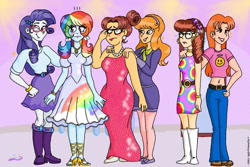 Size: 1350x900 | Tagged: safe, artist:chikorrutia, imported from derpibooru, rainbow dash, rarity, human, equestria girls, ..., alternate hairstyle, annoyed, blushing, boots, clothes, crossover, daphne blake, daria, daria morgendorffer, dress, ear piercing, earring, emanata, embarrassed, eyeshadow, female, glasses, grin, hand on shoulder, high heels, hooped earrings, jewelry, lipstick, makeover, makeup, necklace, pearl necklace, piercing, quinn morgendorffer, rainbow dash always dresses in style, rainbow dash is not amused, rarity's glasses, requested art, sandals, scooby doo, shoes, smiling, tomboy taming, unamused, velma dinkley, wristband