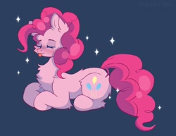 Size: 1704x1314 | Tagged: safe, artist:belkaart0w0, imported from derpibooru, pinkie pie, earth pony, pony, :p, blue background, chest fluff, cute, diapinkes, eyes closed, fluffy, lying down, ponyloaf, prone, simple background, solo, tongue out