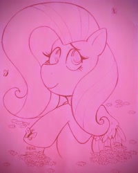 Size: 2863x3576 | Tagged: safe, artist:dsstoner, imported from derpibooru, fluttershy, butterfly, pegasus, pony, female, flower, flower field, mare, raised hoof, smiling, solo, traditional art, wings