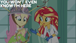 Size: 1920x1080 | Tagged: safe, edit, edited screencap, editor:quoterific, imported from derpibooru, screencap, fluttershy, sunset shimmer, human, equestria girls, the science of magic, clothes, duo, duo female, experiment, female, frown, gloves, lab coat, medical gloves, musical instrument, open mouth, open smile, rubber gloves, smiling, sunset the science gal, tambourine