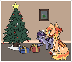 Size: 531x458 | Tagged: safe, artist:chance35, derpibooru exclusive, imported from derpibooru, oc, oc only, oc:evanti, oc:imiya, dracony, dragon, hybrid, christmas, christmas tree, duo, holiday, horns, present, siblings, simple background, sitting, standing, tree, wings