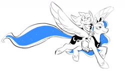 Size: 1280x734 | Tagged: safe, artist:fernsnailz, imported from derpibooru, princess luna, alicorn, pony, duo, horn, partial color, peytral, riding, riding a pony, shadow the hedgehog, simple background, smiling, sonic the hedgehog (series), tail, white background, wings