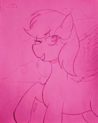 Size: 2865x3619 | Tagged: safe, artist:dsstoner, imported from derpibooru, rainbow dash, pegasus, pony, cloud, female, mare, one eye closed, raised hoof, solo, spread wings, traditional art, wings, wink