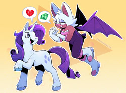 Size: 1280x953 | Tagged: safe, artist:fernsnailz, imported from derpibooru, rarity, anthro, pony, unicorn, chaos emerald, cloven hooves, duo, flying, heart, horn, kazumi evans, pictogram, rouge the bat, sonic prime, sonic the hedgehog (series), speech bubble, voice actor joke, wings