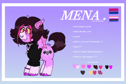 Size: 1500x1000 | Tagged: safe, artist:dsstoner, imported from derpibooru, oc, oc:mena, bat pony, pony, undead, vampire, bracelet, button-up shirt, choker, clothes, cutie mark, ear piercing, earring, fangs, goth, jewelry, necklace, piercing, pride flag, reference sheet, shirt, spread wings, wings