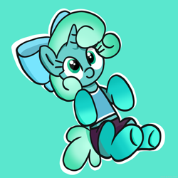 Size: 2048x2048 | Tagged: safe, artist:super-dead, imported from derpibooru, pony, unicorn, bow, clothes, female, glow squid, green background, hair bow, lying down, minecraft, outline, ponified, rule 85, shorts, simple background, solo, white outline