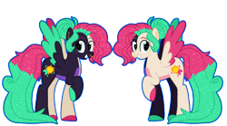 Size: 2700x1500 | Tagged: safe, artist:queertrixie, imported from derpibooru, oc, oc only, oc:double trouble, pegasus, pony, colored wings, ear piercing, earring, female, hooves, jewelry, mare, multicolored hair, multicolored wings, nose piercing, nose ring, outline, pegasus oc, piercing, raised hoof, simple background, solo, split fur, transparent background, wings
