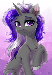 Size: 2100x3000 | Tagged: safe, artist:hakaina, imported from derpibooru, oc, oc only, pony, unicorn, abstract background, belly fluff, cheek fluff, chest fluff, concave belly, cute, ear fluff, eyebrows, eyelashes, female, fluffy, gray coat, hooves, horn, leg fluff, lidded eyes, looking at you, mare, ocbetes, purple background, purple eyes, raised hoof, simple background, sitting, slim, smiling, smiling at you, solo, striped mane, thin, unicorn oc, unshorn fetlocks