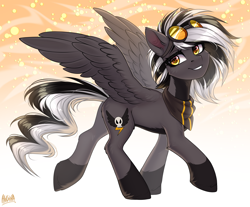 Size: 2500x2069 | Tagged: safe, artist:hakaina, imported from derpibooru, oc, oc only, oc:zephyrai, pegasus, pony, abstract background, accessory, butt, cheek fluff, coat markings, colored, colored belly, concave belly, dark belly, ear fluff, female, fluffy, goggles, goggles on head, grin, high res, leg fluff, looking at you, mare, pegasus oc, plot, raised hoof, raised leg, shading, shawl, side view, signature, slim, smiling, smiling at you, socks (coat markings), solo, spread wings, striped mane, striped tail, strut, strutting, tail, teeth, thin, turned head, unshorn fetlocks, walking, wing fluff, wings, yellow eyes