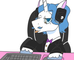 Size: 550x450 | Tagged: safe, artist:dsstoner, imported from derpibooru, fancypants, pony, unicorn, clothes, computer mouse, headphones, keyboard, male, monocle, simple background, stallion, suit, tongue out, white background