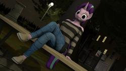Size: 3840x2160 | Tagged: safe, artist:korizen, imported from derpibooru, starlight glimmer, anthro, pony, unicorn, 3d, bench, clothes, crossed legs, denim, female, jeans, looking at you, night, pants, park, park bench, shoes, sitting, solo, striped sweater, sweater