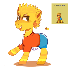 Size: 995x900 | Tagged: safe, artist:dsstoner, imported from derpibooru, earth pony, pony, pony town, bart simpson, clothes, colt, crossover, foal, male, pants, ponified, raised hoof, rule 85, shirt, shorts, simple background, solo, the simpsons, white background