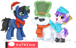 Size: 4202x2685 | Tagged: safe, artist:pure-blue-heart, imported from derpibooru, oc, oc only, oc:bubble fabric, oc:digital wrench, earth pony, pony, unicorn, christmas, clothes, earth pony oc, female, freckles, glowing, glowing horn, green eyes, green magic, hat, holiday, horn, magic, magic aura, male, mare, patreon, patreon logo, patreon reward, santa hat, scarf, shirt, shoes, simple background, snow, snowpony, stallion, stallion oc, telekinesis, transparent background, unicorn oc, yellow eyes