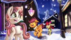 Size: 3840x2160 | Tagged: safe, artist:sigilponies, imported from derpibooru, apple bloom, scootaloo, sweetie belle, earth pony, pegasus, pony, unicorn, adorabloom, bow, clothes, cute, cutealoo, cutie mark crusaders, diasweetes, female, filly, foal, happy, high res, night, open mouth, open smile, ponyville, running, scarf, smiling, snow, snowfall, stars, striped scarf, sugarcube corner, winter