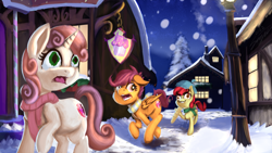 Size: 3840x2160 | Tagged: safe, artist:sigilponies, edit, imported from derpibooru, apple bloom, scootaloo, sweetie belle, earth pony, pegasus, pony, unicorn, baguette, beret, bow, bread, clothes, cutie mark crusaders, facial hair, food, hat, high res, moustache, night, open mouth, ponyville, running, scared, scarf, snow, snowfall, stars, striped scarf, sugarcube corner, winter