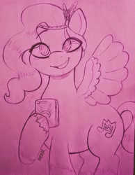 Size: 3045x3915 | Tagged: safe, artist:dsstoner, imported from derpibooru, pipp petals, pegasus, pony, adorapipp, backwards cutie mark, cute, female, g5, mare, phone, smiling, spread wings, traditional art, wings