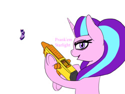 Size: 1000x750 | Tagged: safe, artist:slamjam, imported from derpibooru, starlight glimmer, twilight sparkle, pony, unicorn, female, gun, mare, simple background, text, this will end in pain and/or death, unicorn twilight, weapon, white background