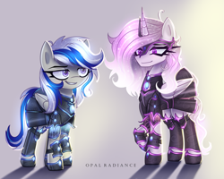 Size: 2531x2026 | Tagged: safe, artist:opal_radiance, imported from derpibooru, oc, oc:iron glamour, oc:lady lightning strike, alicorn, pegasus, pony, alicorn oc, armor, horn, pegasus oc, wings