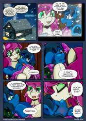 Size: 2480x3508 | Tagged: safe, artist:dsana, imported from derpibooru, oc, oc:lullaby dusk, oc:thistledown, earth pony, pegasus, pony, comic:a storm's lullaby, adopted, cute, earth pony oc, female, filly, foal, hearth's warming eve, mare, ocbetes, pegasus oc, snow, wholesome