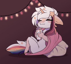 Size: 1100x1000 | Tagged: safe, artist:purplegrim40, imported from derpibooru, oc, oc only, oc:ayaka, anthro, unicorn, animated, blanket, chibi, chocolate, christmas, christmas lights, ear cleavage, ear flick, eyes closed, female, floppy ears, food, gif, holiday, hot chocolate, nudity, pillow, solo, string lights