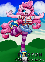 Size: 1184x1625 | Tagged: safe, artist:shadowhawx, imported from derpibooru, pinkie pie, anthro, earth pony, plantigrade anthro, breasts, busty pinkie pie, clothes, converse, denim, denim skirt, female, one eye closed, open mouth, open smile, shirt, shoes, skirt, smiling, sneakers, socks, solo, striped shirt, striped socks