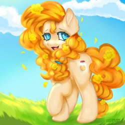 Size: 1772x1772 | Tagged: safe, artist:fleamutt, imported from derpibooru, pear butter, earth pony, pony, female, flower, flower in hair, looking at you, mare, open mouth, open smile, raised hoof, smiling, smiling at you, solo