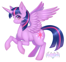 Size: 3700x3520 | Tagged: safe, artist:kitsuumi, imported from derpibooru, twilight sparkle, alicorn, pony, curved horn, cute, digital art, female, hooves, horn, looking at you, mare, simple background, solo, spread wings, tail, twiabetes, twilight sparkle (alicorn), white background, wings