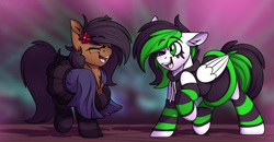 Size: 1936x1008 | Tagged: safe, artist:notetaker, imported from derpibooru, oc, oc only, oc:crashie tunez, oc:notetaker, earth pony, pegasus, pony, blurry background, clothes, dancing, earth pony oc, jewelry, necklace, pegasus oc, pentagram