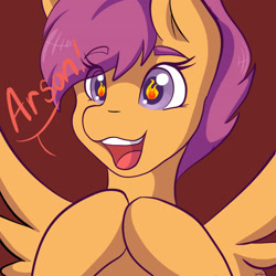 Size: 2048x2048 | Tagged: safe, artist:mscolorsplash, imported from derpibooru, scootaloo, pegasus, pony, arson, bust, eye clipping through hair, eyebrows, eyebrows visible through hair, female, filly, fire, foal, open mouth, open smile, red background, simple background, smiling, solo, some mares just want to watch the world burn, spread wings, this will end in fire, wingding eyes, wings