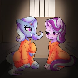 Size: 2048x2048 | Tagged: safe, artist:plushtrapez, imported from derpibooru, starlight glimmer, trixie, pony, unicorn, clothes, commission, commissioner:rainbowdash69, cuffed, duo, horn, horn ring, jail, jumpsuit, magic suppression, never doubt rainbowdash69's involvement, prison, prison outfit, prisoner, prisoner sg, prisoner tx, ring, sad, smiling, smirk