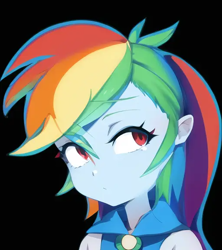 Size: 512x576 | Tagged: safe, editor:luckreza8, imported from derpibooru, rainbow dash, human, equestria girls, :i, ai content, ai generated, anime, black background, female, generator:pinegraph, simple background, solo